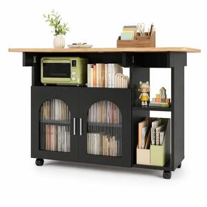 STILVORA KUCHYŇSKÝ OSTRŮVEK černý a v přírodním dekoru, servírovací vozík se skleněnými dvířky, do kuchyně a jídelny, 120×30×79, 5 cm obraz