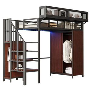STILVORA HOCHBETT 90/200 cm in Schwarz mit Kleiderschrank, LED und Regal Metall-Holz-Design obraz