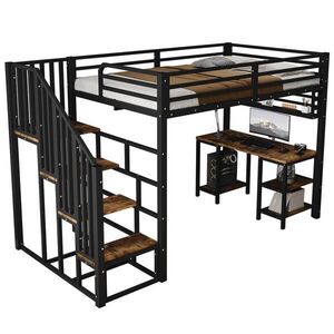 STILVORA HOCHBETT 120/200 cm in Schwarz & Dunkelwalnuss mit Treppe, Schreibtisch und Regal obraz