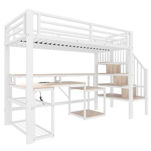 STILVORA HOCHBETT 90/200 cm in Weiß mit Treppe, Stauraum, Regal, Schreibtisch, LED und USB Metall Modern obraz