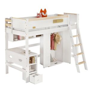 STILVORA ETAGENBETT 90/200 cm in Weiß & Natur Kinderbett mit Tisch, Kleiderschrank und Regal obraz