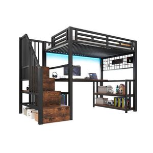 STILVORA HOCHBETT 90/200 cm in Schwarz mit Regal, Hängegitter, LED, USB und Schreibtisch obraz