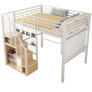 STILVORA HOCHBETT 140/200 cm in Weiß Kinderbett mit Stauraum und Treppe Metall obraz