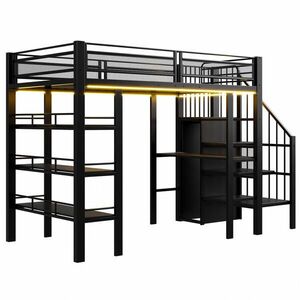 STILVORA HOCHBETT 90/200 cm in Schwarz mit Regal, Schreibtisch, LED und Steckdose obraz