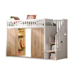 STILVORA HOCHBETT 90/200 cm in Weiß & Eichefarben mit Kleiderschrank, Treppenschrank und LED obraz