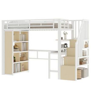 STILVORA HOCHBETT 90/200 cm in Weiß mit Schreibtisch, Regal, LED und Stauraumstufen obraz