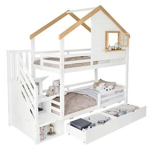 STILVORA ETAGENBETT 90/200 cm & 90/200 cm in Weiß & Natur mit 4 Schubladen, Treppe und Fenster im Hausdesign obraz