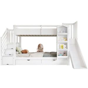 STILVORA ETAGENBETT 90/200 cm in Weiß Kinderbett mit Rutsche, Treppenregal und 2 Schubladen obraz