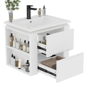 Modfu ZÁVĚSNÁ koupelnová skříňka z MDF a keramiky 60x46x48, 5 cm bílá s LED senzorovým osvětlením a 2 zásuvkami obraz