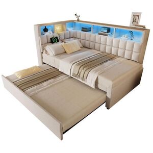 Modfu ČALOUNĚNÁ postel z lněné bavlny 90x200 cm béžová s výsuvným lůžkem, LED, Bluetooth, USB a Type-C obraz