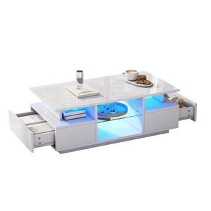 Modfu KONFERENČNÍ stolek z dřevotřísky 100x50x36 cm bílý s LED osvětlením, 2 zásuvkami a skleněnou policí obraz
