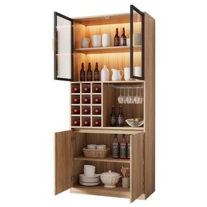 Modfu VITRÍNA z MDF 80x40x180 cm přírodní s prosklenými dvířky, LED osvětlením a odnímatelným držákem na sklenice obraz