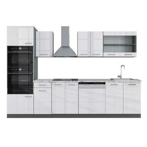 Vicco KUCHYŇSKÝ KOUT R-Line Bílá vysoký lesk 300 cm s vysokou skříní, PD Mramor obraz