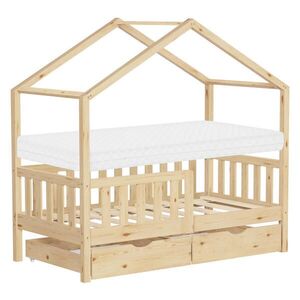 ML-DESIGN DĚTSKÁ POSTÝLKA ve tvaru domečku s matrací 70x140 cm a 2 zásuvkami z přírodního borového dřeva obraz