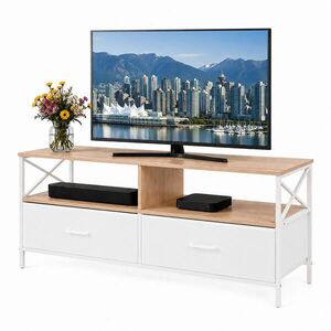 Relaxdays TV-SKŘÍŇKA dřevodekor-bílá látkové zásuvky 120 cm obraz