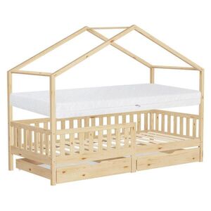 ML-DESIGN DĚTSKÁ POSTEL ve tvaru domečku s matrací 90x200 cm a 2 zásuvkami z přírodního borového dřeva obraz