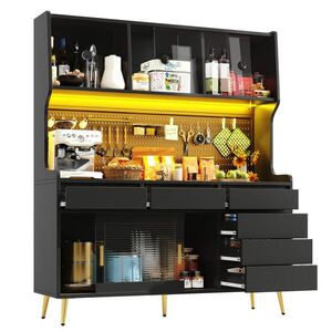 OKWISH VYSOKÁ skříň 145/39/171 cm černá z MDF, kovu a skla s LED osvětlením a posuvnými dveřmi obraz