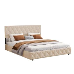 OKWISH ČALOUNĚNÁ postel 140/200 cm béžová s hydraulickým úložným prostorem ze sametu obraz