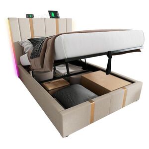 WISHDOR ČALOUNĚNÁ postel 90 × 200 cm v béžové barvě z lnu s úložným prostorem, LED osvětlením, USB a Type-C obraz