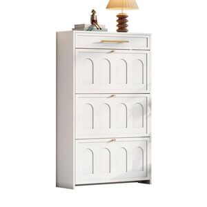 Modfu BOTNÍK z MDF 70x25x123, 5 cm bílý se 6 přihrádkami a zásuvkou, úzké minimalistické provedení obraz