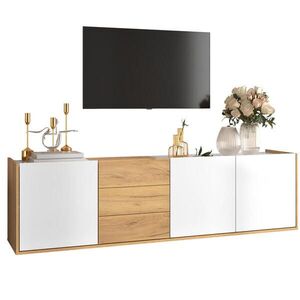 Modfu TV stolek z MDF 171, 5x35x47 cm bílý v dekoru dřeva se 3 dvířky, 3 zásuvkami a možností montáže na stěnu obraz