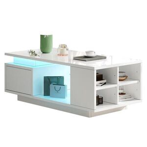 Modfu KONFERENČNÍ stolek z dřevotřísky 100x50x36 cm bílý s LED osvětlením, zásuvkou a bočními přihrádkami obraz