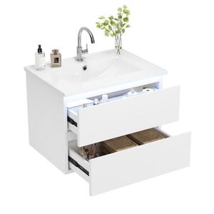 Modfu ZÁVĚSNÁ koupelnová skříňka s umyvadlem z MDF a keramiky 61x46x45 cm bílá s LED senzorovým osvětlením a 2 zásuvkami obraz