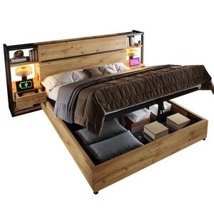 OKWISH MANŽELSKÁ postel 160/200 cm dubová z MDF a kovu s úložným prostorem a USB nabíjením obraz