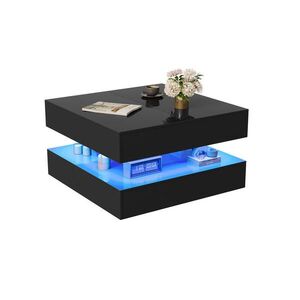 EuroLiving KONFERENČNÍ stolek 78x78 cm s RGB LED a 2 zásuvkami, černý vysoký lesk obraz