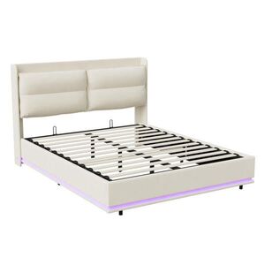 ČALOUNĚNÁ postel 140x200 cm, béžová, LED osvětlení a USB a Type-C obraz