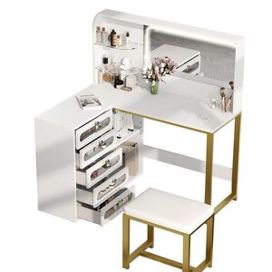 EuroLiving TOALETNÍ stolek s LED osvětlením, 5 zásuvek, zrcadlo, MDF, tvar L, 120x80x135 cm, bílý obraz