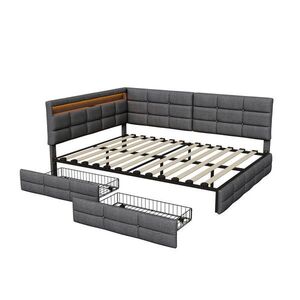 EuroLiving ČALOUNĚNÁ postel 140x190 cm, denní lůžko se 2 zásuvkami, LED a USB, manželská postel s čelem ve tvaru L, šedá obraz