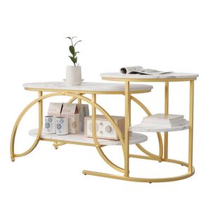 EuroLiving KONFERENČNÍ stolek 80x46 cm s mramorovým vzhledem a kovovým rámem, zlatá barva obraz