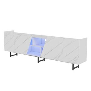 EuroLiving TV stolek 220 cm, mramorový vzhled, minimalistický, modulární úložný prostor, LED, bílý obraz