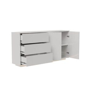 PŘÍBORNÍK Bílá lesklá komoda 160 cm s LED osvětlením, 2 dveře, 3 zásuvky, moderní obraz