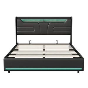 EuroLiving ČALOUNĚNÁ postel 140x190 cm s úložným boxem, LED a USB, manželská postel s úložným prostorem v čele postele, umělá kůže černá obraz