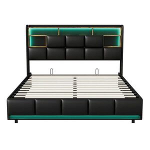 EuroLiving ČALOUNĚNÁ postel 140x190 cm s LED a USB, manželská postel s úložným prostorem, čelem a lamelovým roštem, černá umělá kůže obraz