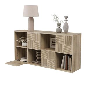 KNIHOVNA 125x30x60 cm, dřevěný lamelový design, úložný prostor v příborníku, přírodní barva obraz