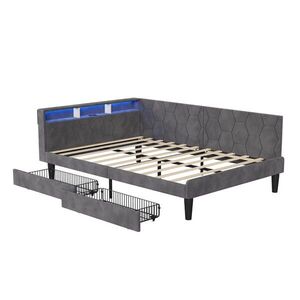 EuroLiving ČALOUNĚNÁ postel 140x200 cm, denní lůžko se 2 zásuvkami, LED a USB, manželská postel s úložným prostorem v čele, šedá obraz
