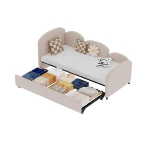 OKWISH DĚTSKÁ postel 90/200 cm růžová z kovu a sametu s květinovým designem a úložnou zásuvkou obraz