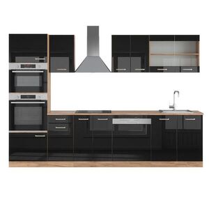 Vicco KUCHYŇSKÝ KOUT R-Line Černý/zlatý dub s vysokým leskem 300 cm s vysokou skříní, PD Dub obraz