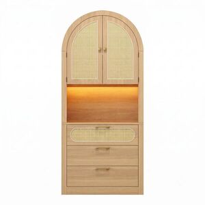 Urban Meuble HIGHBOARD v dekoru světlý dub s ratanovými dvířky, s LED osvětlením a spoustou úložného prostoru obraz