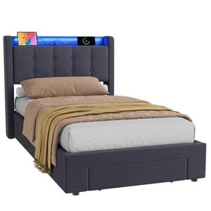 WISHDOR ČALOUNĚNÁ POSTEL 90/200 cm v šedém sametu, s úložným prostorem, USB, LED, zásuvkami a úložným prostorem, bez matrace obraz