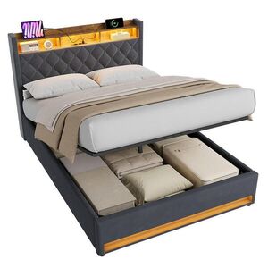 WISHDOR ČALOUNĚNÁ POSTEL 140/200 cm v šedém sametu, s úložným prostorem, USB, LED, bez matrace obraz