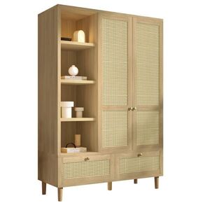 OKWISH ŠATNÍ skříň 180/120/50 cm dubová z MDF, masivu a kovu s ratanem, policemi, tyčí a šuplíky obraz