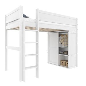 OKWISH VYSOKÁ dětská postel 90/200 cm bílá s šatní skříní a úložným prostorem z borovice a MDF obraz