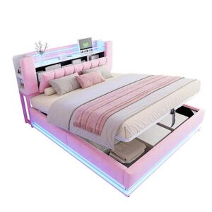 Modfu ČALOUNĚNÁ postel z MDF, kovu a sametu 180x200 cm růžová s LED osvětlením, USB porty a úložným prostorem obraz