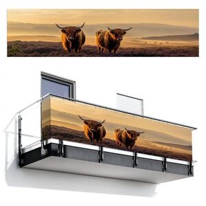 MuchoWow BALKONOVÁ ZÁSTĚNA Skotští horalé - Vřesoviště - Krajina - Zvířata 500x120 cm obraz