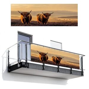MuchoWow BALKONOVÁ ZÁSTĚNA Skotští horalé - Vřesoviště - Krajina - Zvířata 300x100 cm obraz