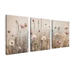 MuchoWow OBRAZ NA PLÁTNĚ 3dílná sada Květiny - béžová - moderní - růžová 90x40 cm obraz